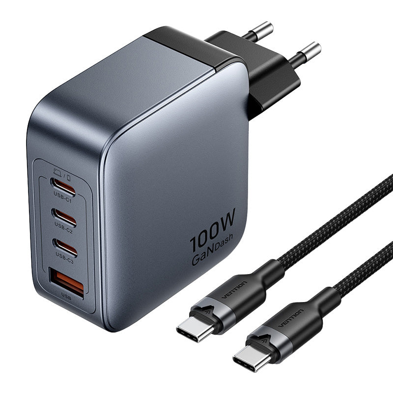 Ventilationsladning 3x USB-C, 1x USB-A, (100W/100W/30W/30W) (grå) med USB-C til USB-C-kabel (1m) (sort)