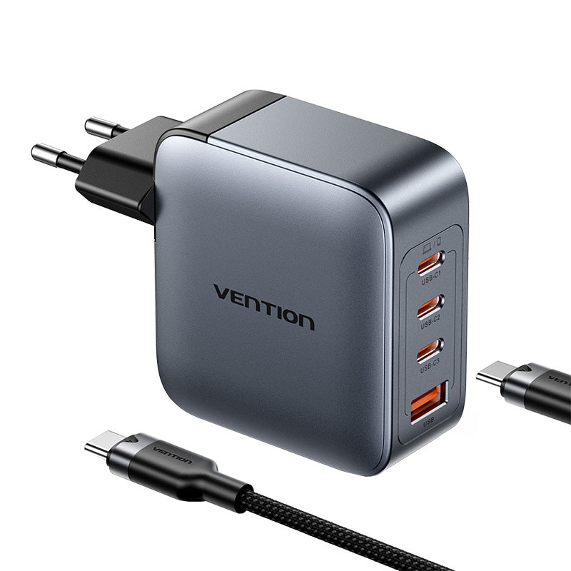 Ventilationsladning 3x USB-C, 1x USB-A, (100W/100W/30W/30W) (grå) med USB-C til USB-C-kabel (1m) (sort)