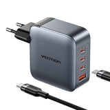 Ventilationsladning 3x USB-C, 1x USB-A, (100W/100W/30W/30W) (grå) med USB-C til USB-C-kabel (1m) (sort)