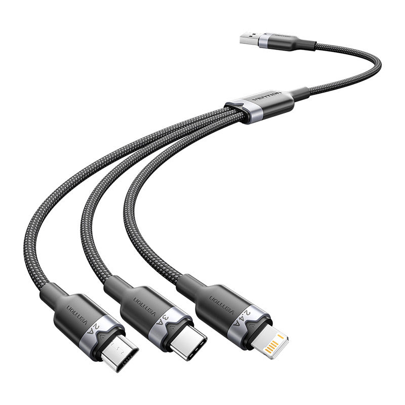 USB 2.0 A mandlig til 3-i-1 USB-C, Lightning og Micro-B mandlig kabel Vention 3A CTPBG 1,5m