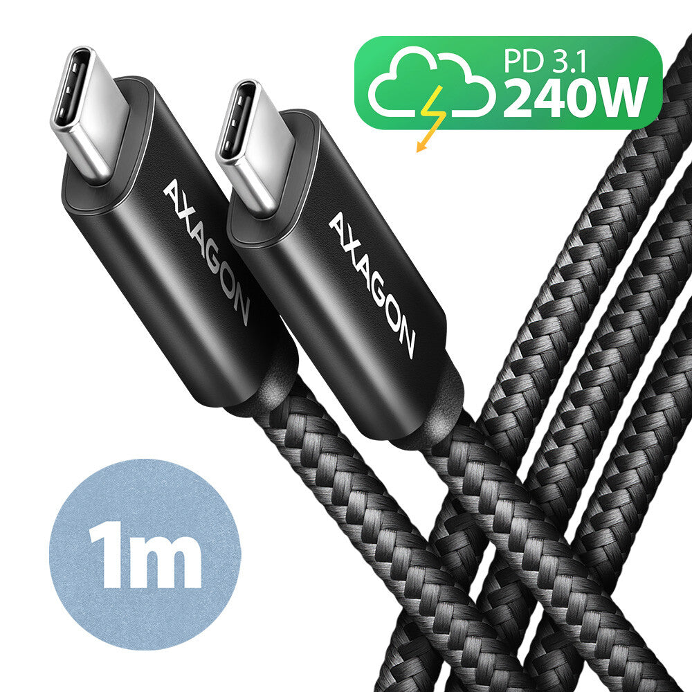 Axagon BUCM2-CM10AB Ladekabel, USB-C zu USB-C 2.0, 1 m, PD 240 W 5 A, ALU - Schwarz - 1 Meter langes USB-C zu USB-C Kabel - Daten- und Ladefähig USB-kabel USB 2.0 USB C 0,48 Gbit/sek. Sort