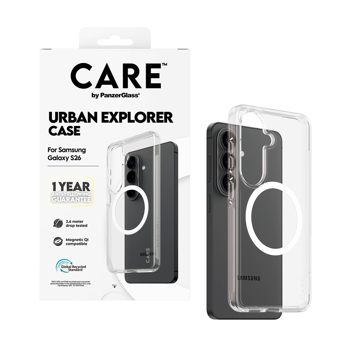 CARE by PanzerGlass Urban Explorer Case Transparent w. White Qi Samsung Galaxy S26