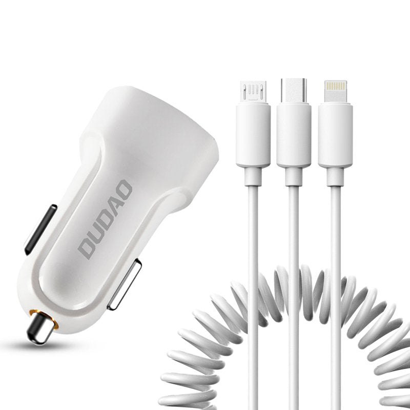 Dudao bil kit oplader 2x USB 2.4A + kabel USB 3in1 Lightning / Type C / micro USB kabel hvid (R7 hvid)