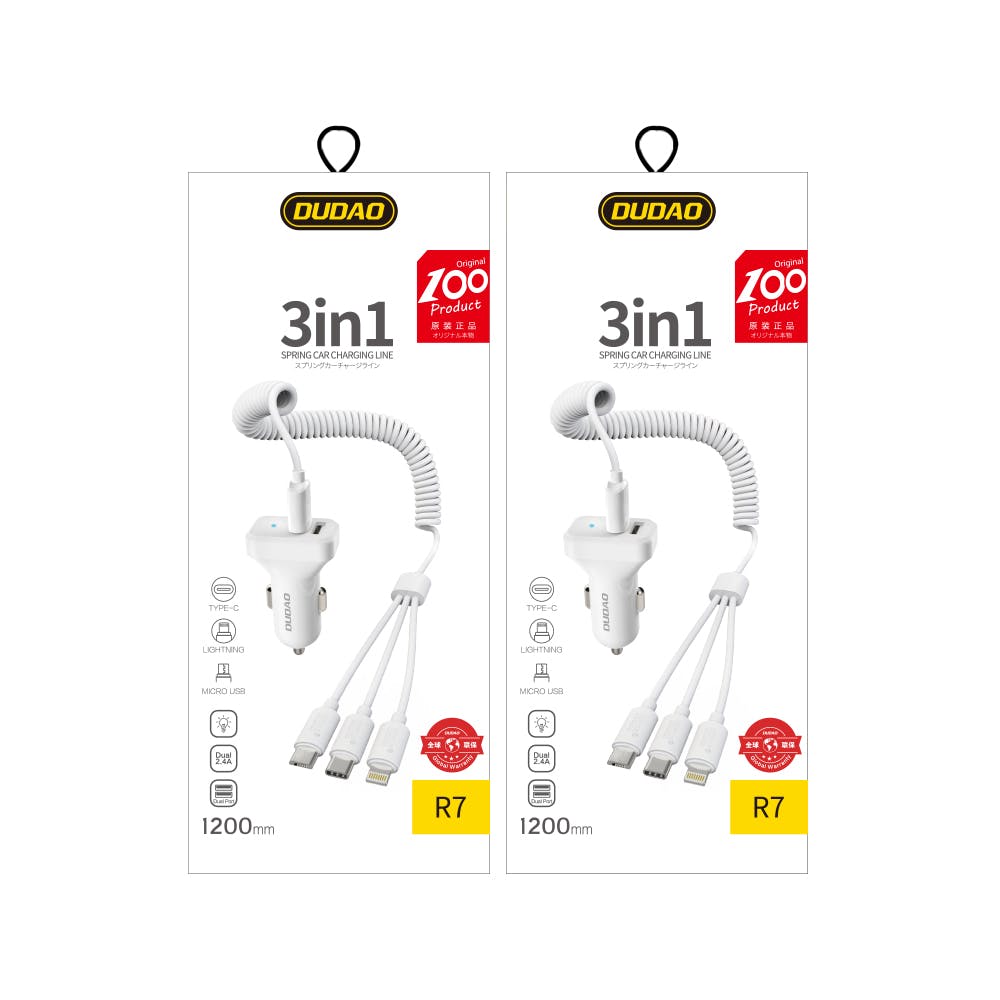 Dudao bil kit oplader 2x USB 2.4A + kabel USB 3in1 Lightning / Type C / micro USB kabel hvid (R7 hvid)