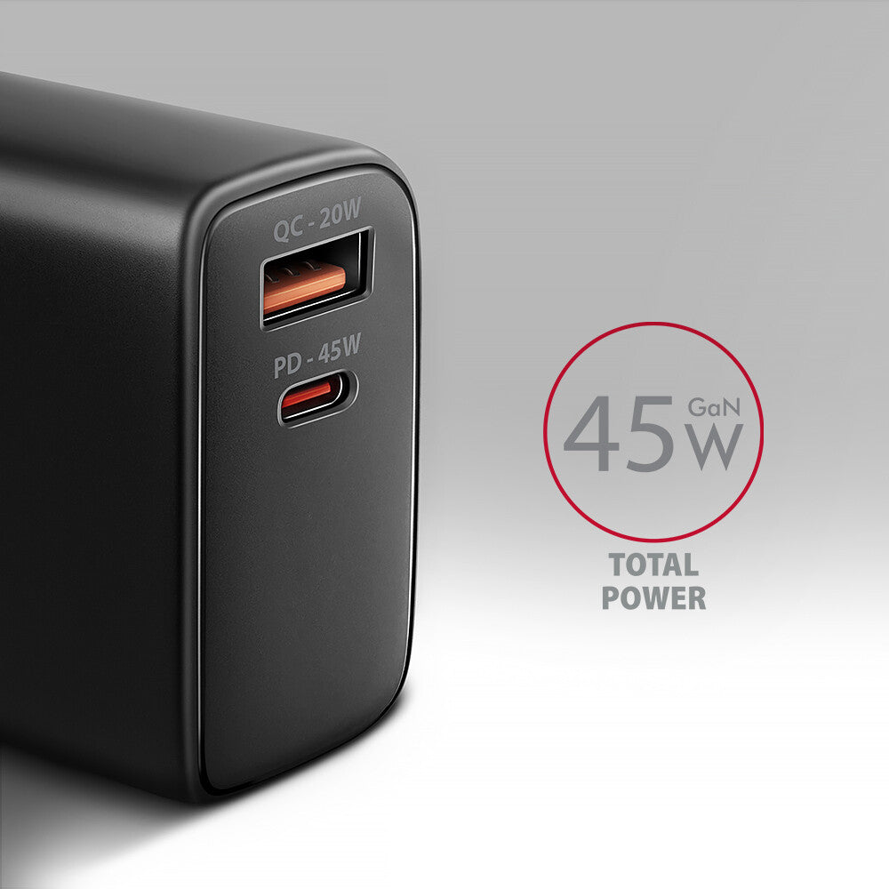 Axagon ACU-PQ45 QC 3.0, 4.0/AFC/FCP/PPS/PD, 45W, schwarz - Netzladegerät mit USB-A und USB-C Schnittstelle Mobiltelefon, Smartphone, SmartWatch, Tablet, Universel Sort Vekselstrøm Hurtig opladning Indendørs