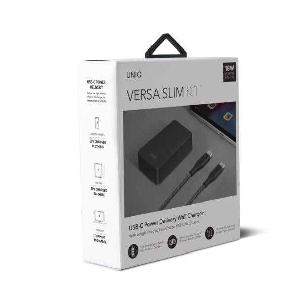 Uniq Versa Slim LITHOS kollektiv USB-C PD 18W vægoplader + USB-C / USB-C kabel - sort