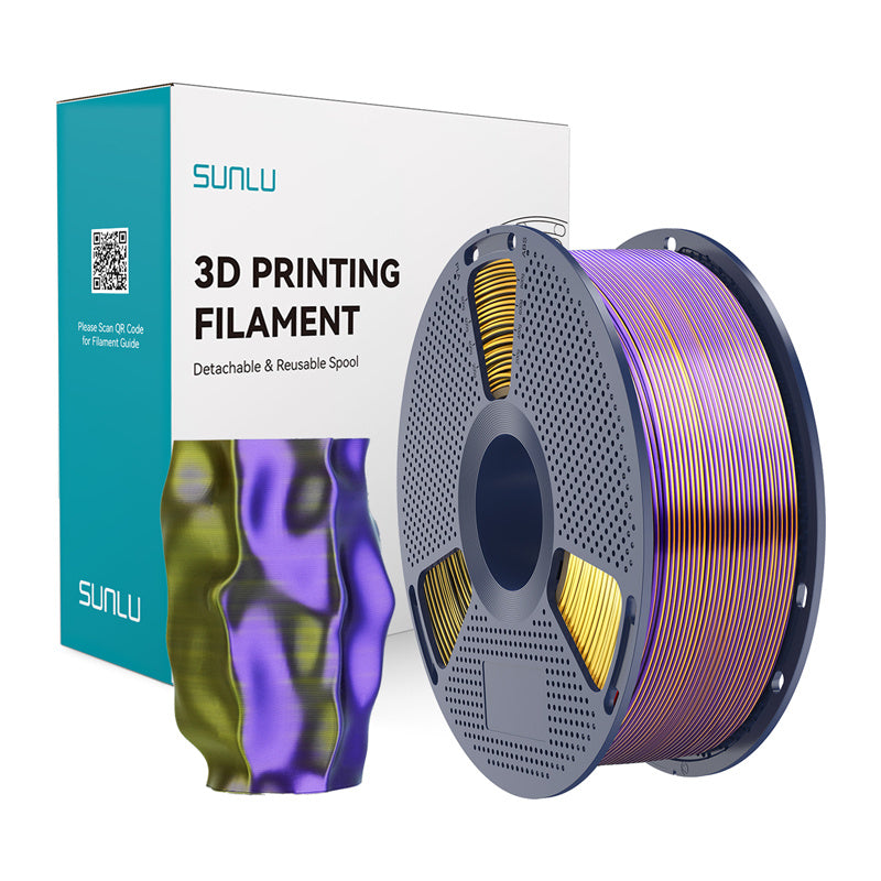 Sunlu PLA+ silke trefarvet filament (sort, guld og lilla)