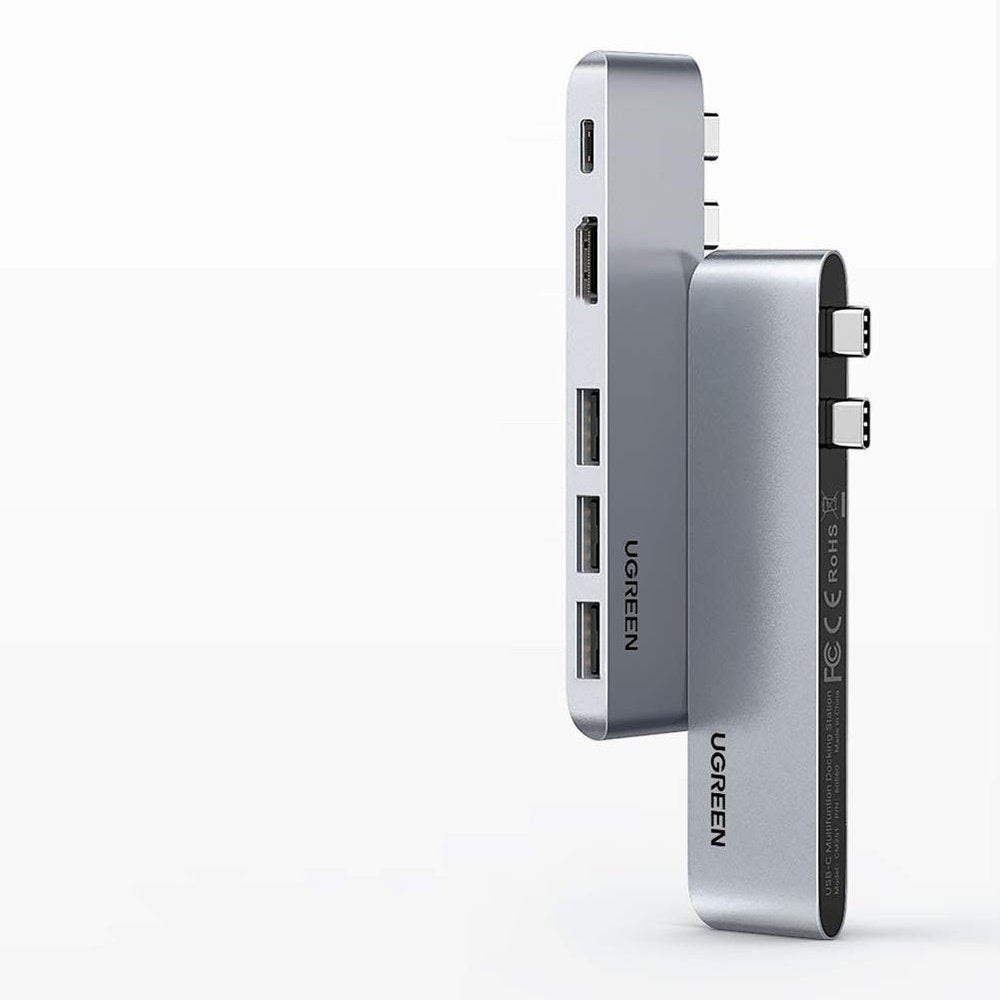 HUB Ugreen 60559 2x USB-C / USB-C PD (Thunderbolt 3, 100W, 4K 60 Hz, 10 Gbps) / HDMI 4K 30 Hz / 3x USB 3.0 til MacBook Pro / Air - Grå