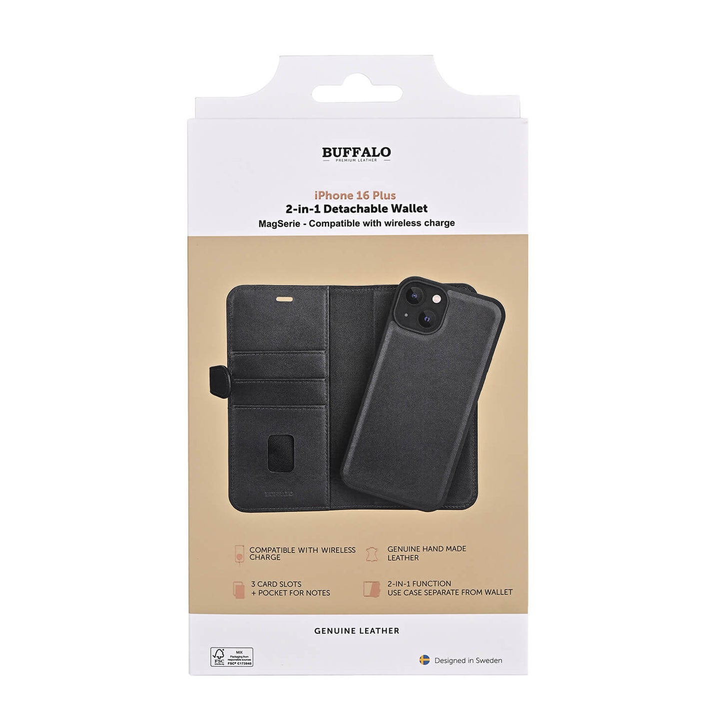 BUFFALO 2in1 Leather 3 card MagSeries iPhone 16 Plus Black