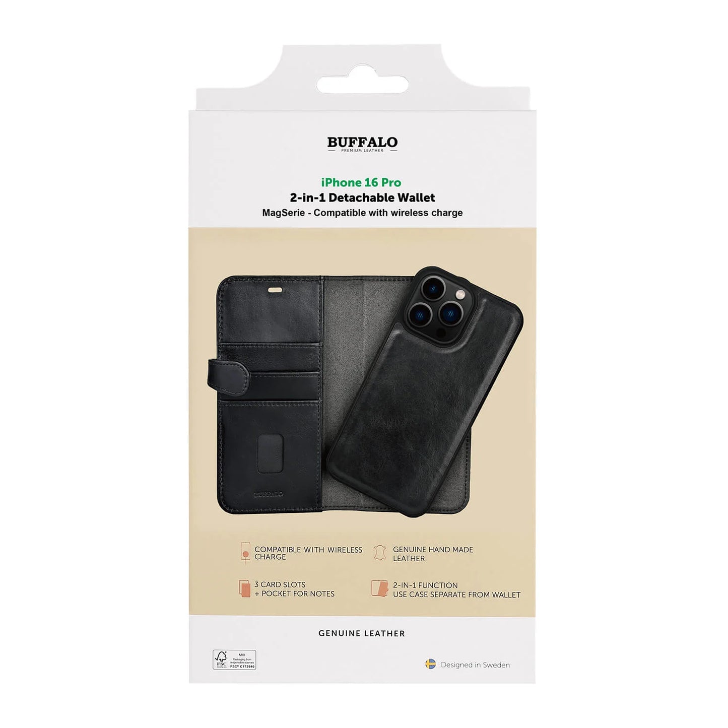 BUFFALO 2in1 Leather 3 card MagSeries iPhone 16 Pro Black