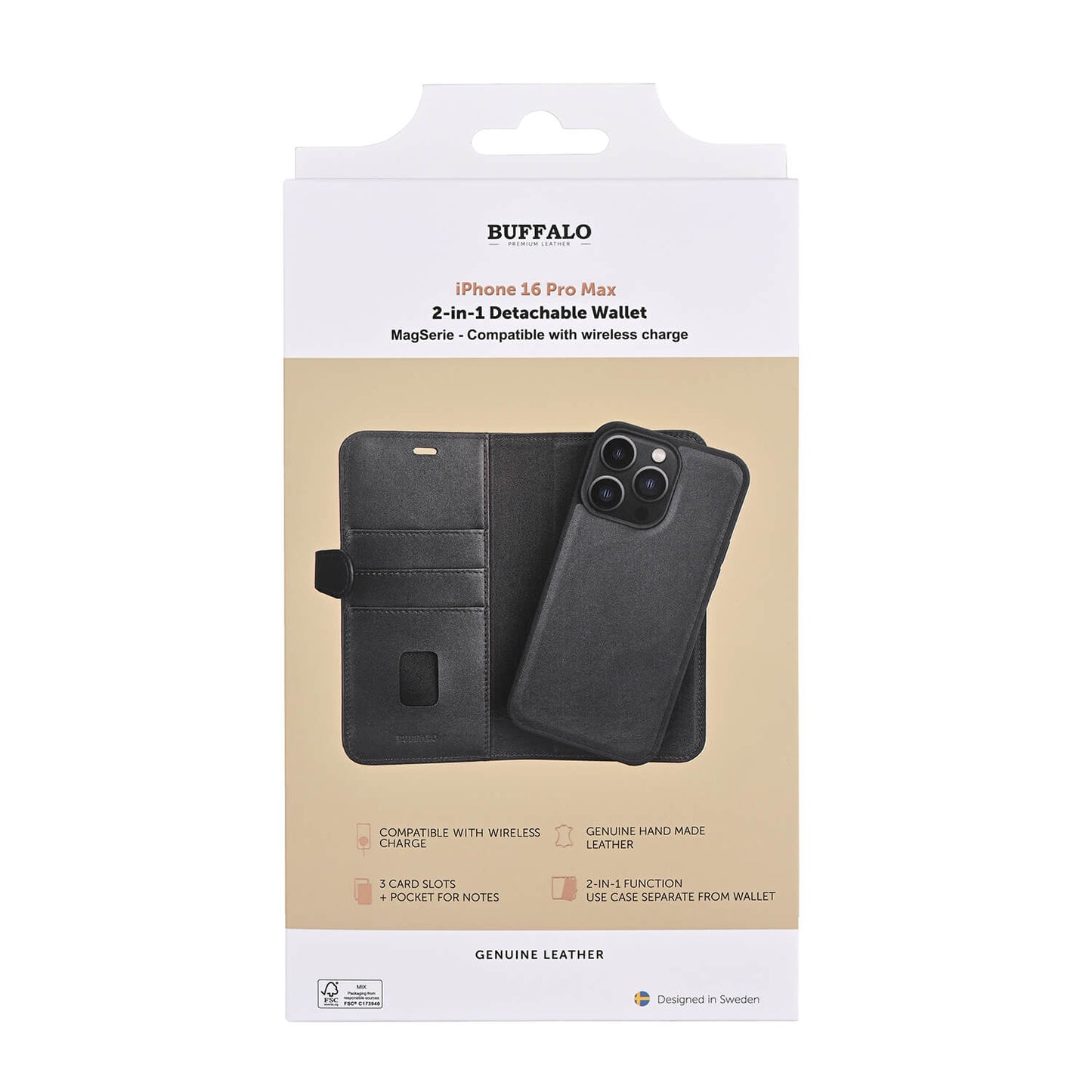 BUFFALO 2in1 Leather 3 card MagSeries iPhone 16 Pro Max Black