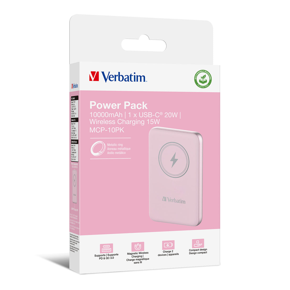 Verbatim Charge 'n' Go Lithium polymer (LiPo) 10000 mAh Trådløs opladning Lyserød