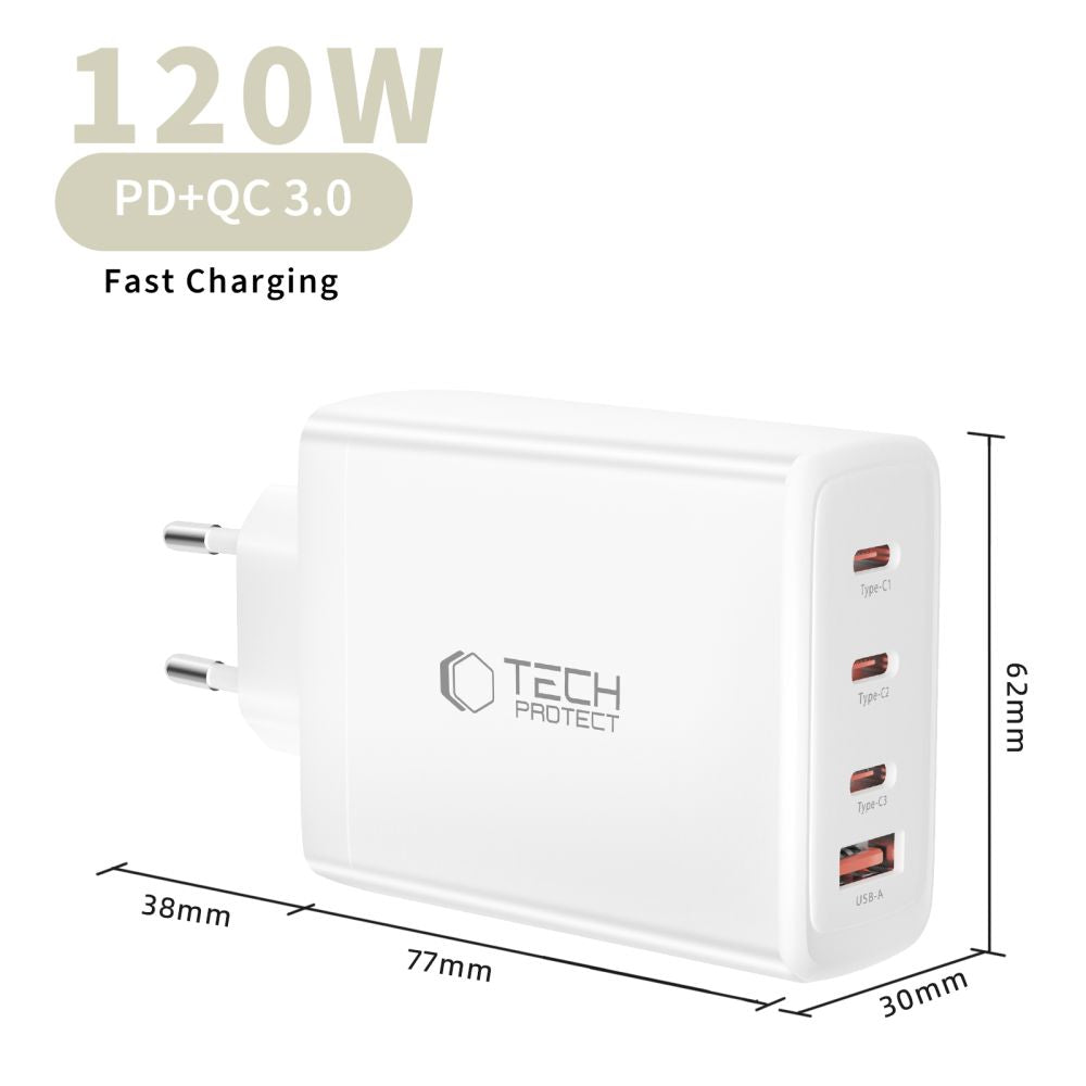 Tech Protect Nc120 W Gan 4 Port Netværksopladder Pd 120 W / Qc3.0 Hvid