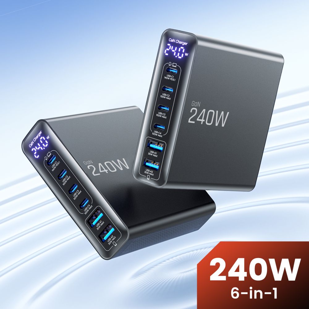 Tech Protect Dc240 W Gan 6 Ports Bordoplader Pd 240 W / Qc3.0 Sort
