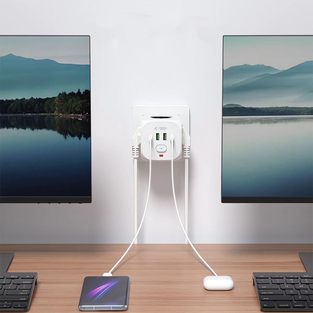 Tech Protect Pcl3 X4 Strømstikkontakt 2 Usb & 2 Type C & 3 Stikkontakt Hvid