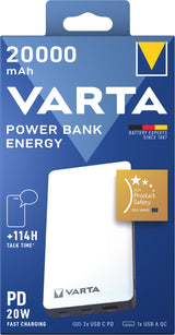 Varta Energy Powerbank 20000mAh 15Watt 2xUSB-A 1xUSB-C Hvid