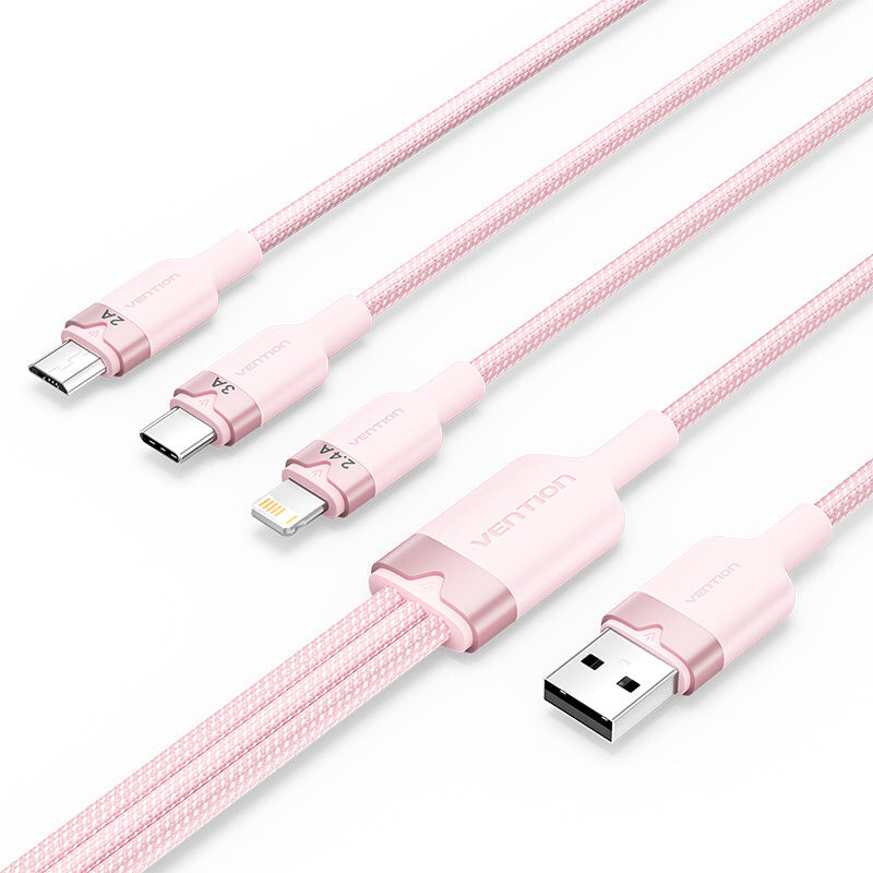 Vention CTPPG USB-kabel USB 2.0 1,5 m USB A USB C/Micro-USB B/Lightning 0,48 Gbit/sek. 60 W Lyserød