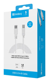 Sandberg 509-23 USB-kabel USB 3.2 Gen 1 (3.1 Gen 1) 1,8 m USB A USB B 5 Gbit/sek. Hvid