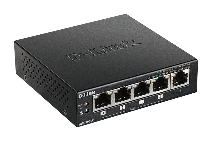 D-Link DGS-1005P/E netværksswitch Ikke administreret Gigabit Ethernet (10/100/1000) Strøm over Ethernet (PoE) Sort