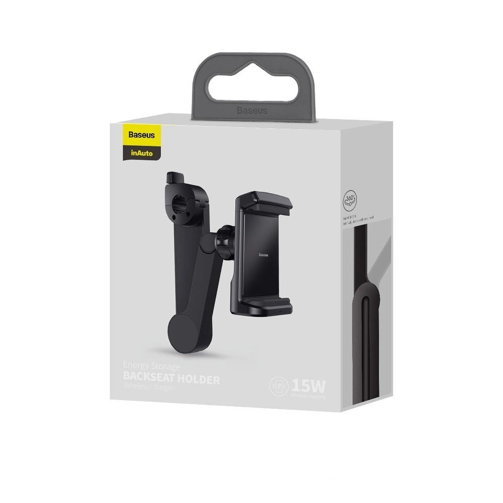 Baseus bil hovedstøtte telefon holder med indbygget 15 W Qi trådløs oplader sort (WXHZ-01)
