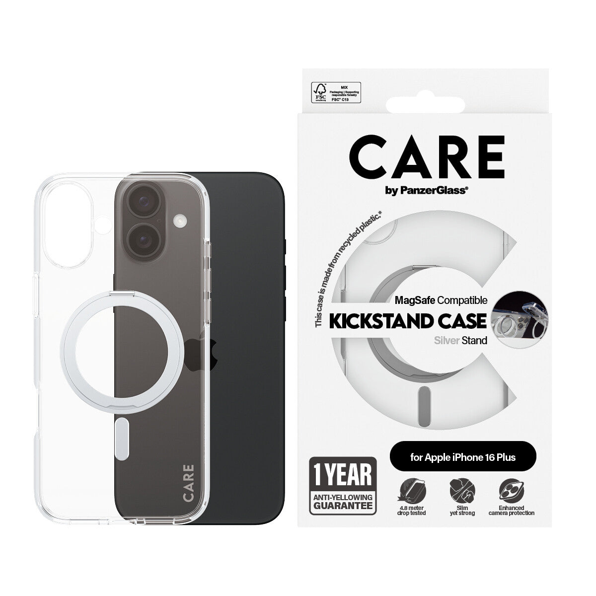PanzerGlass CARE™ by ® Case Transparent m. Sølv Kickstand & MagSafe iPhone 16 Plus