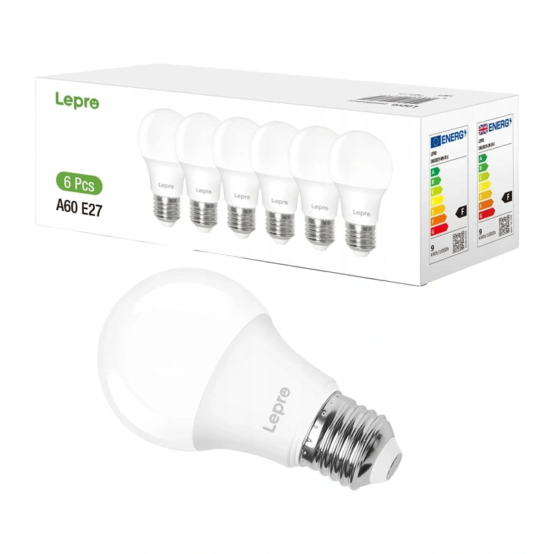 LEPRO 100090-DW-EU-6 LED-pære, E27, A60, 8,5W (60W), 806 lm, 6500K (kold hvid), 180°, 6-pakning