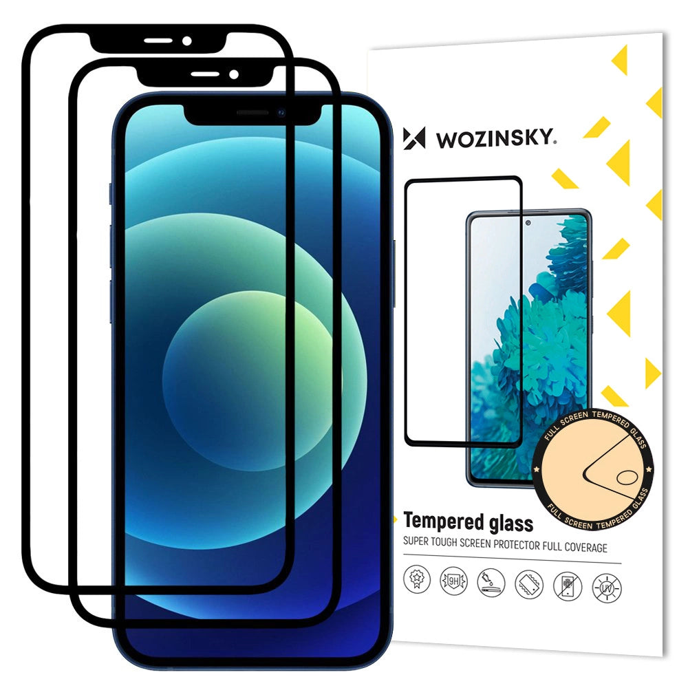 Wozinsky 2x Temperet Glas Full Glue Super Tough skærmbeskytter Full Covered med Frame Case Friendly til iPhone 12 Pro / iPhone 12 sort