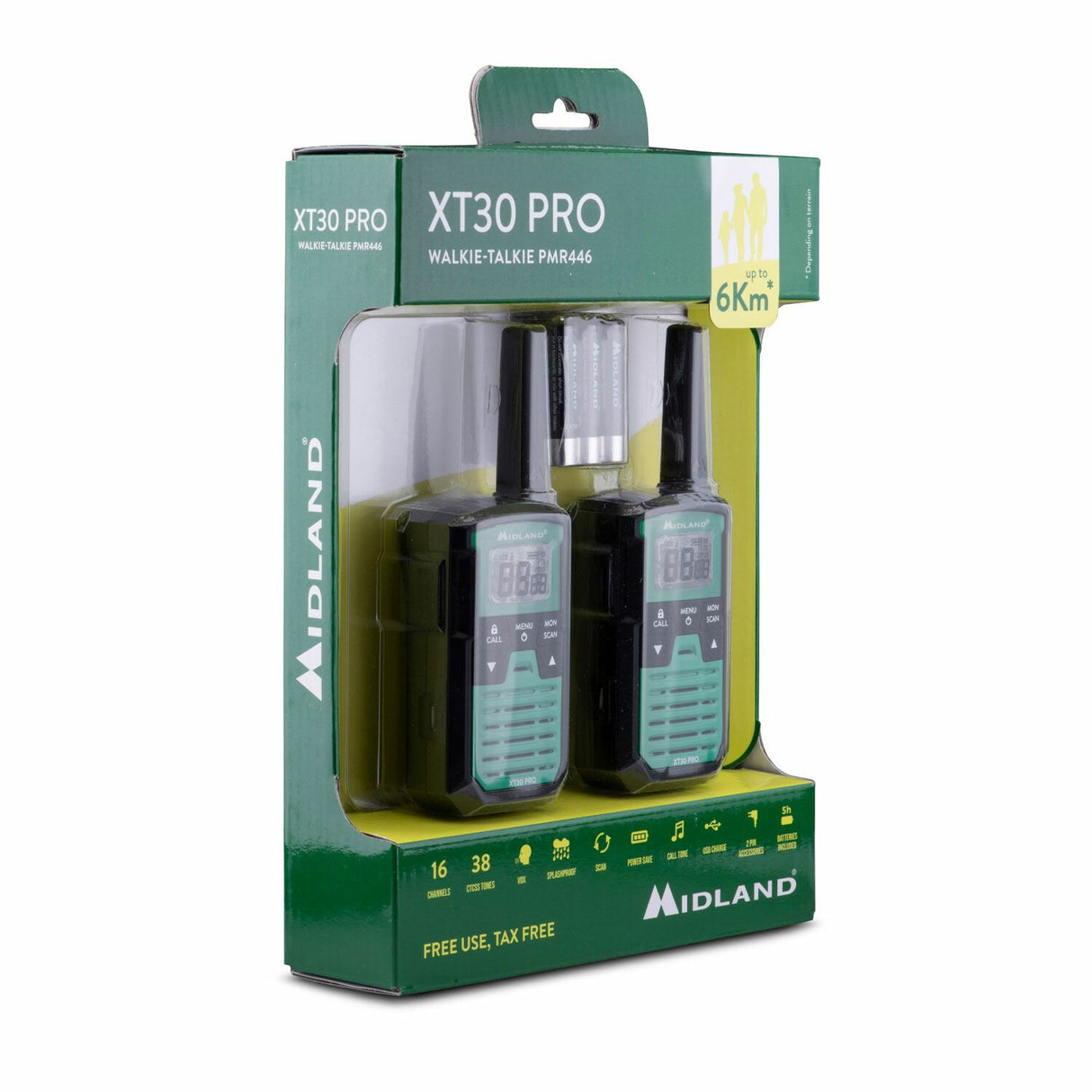 Midland XT30 Pro to-vejs radio 16 kanaler 446.00625 – 446.19375 Sort, Grøn