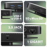 Axagon HMC-UFO USB-C Hub M.2 SATA/NVMe 1 Gbit/s Ethernet 384 kHz Audio Ledningsført USB 3.2 Gen 2 (3.1 Gen 2) Type-C Sort