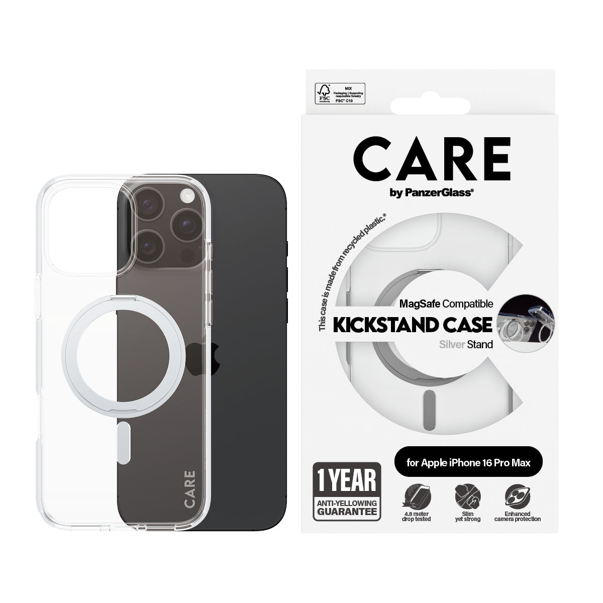 PanzerGlass CARE by ® Feature Case Transparent m. Sølv Kickstand & MagSafe iPhone 16 Pro Max