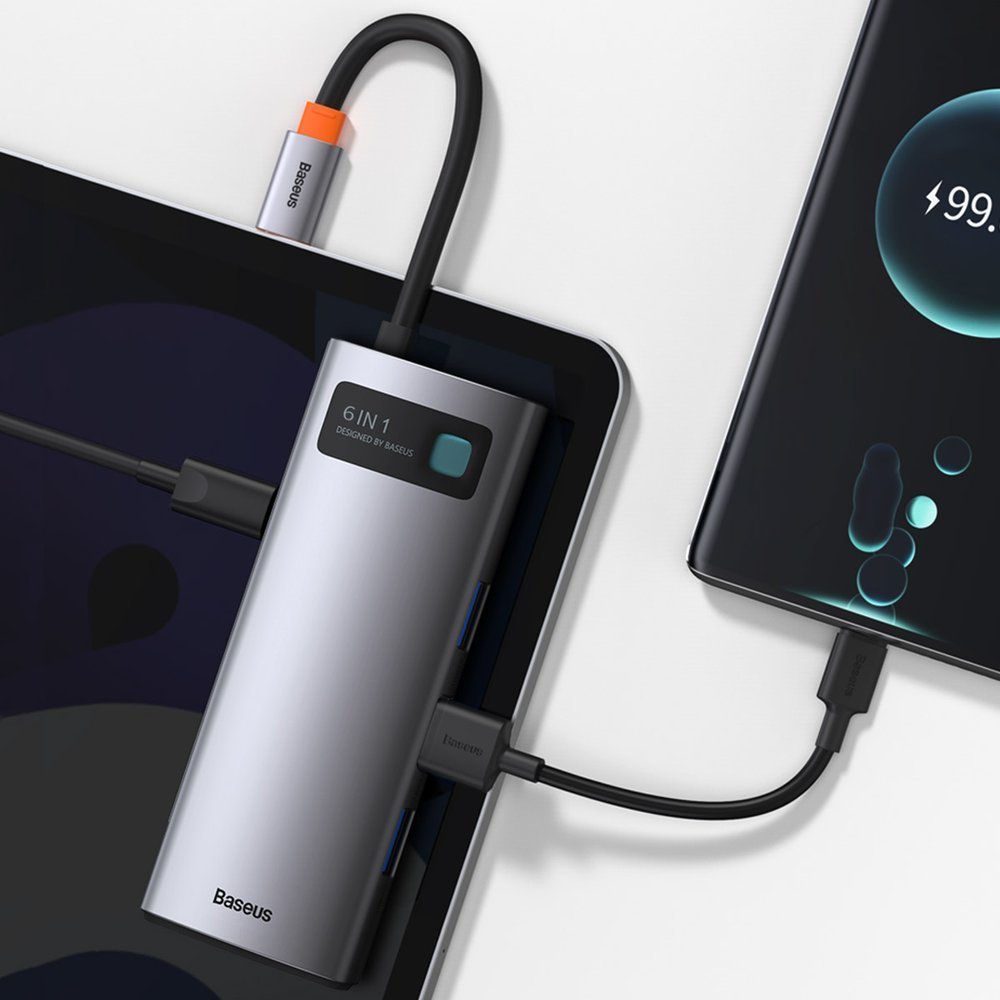 Baseus Metal Gleam 6-in-1 USB-C - USB-C PD 100W HUB 1x HDMI 4K 30Hz 3x USB-A 3.2 1x RJ45 - gray