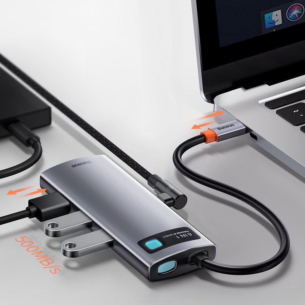 Baseus Metal Gleam 6-in-1 USB-C - USB-C PD 100W HUB 1x HDMI 4K 30Hz 3x USB-A 3.2 1x RJ45 - gray