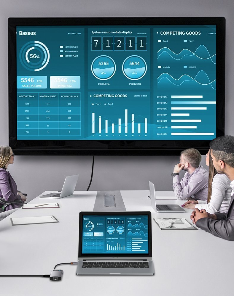 Baseus Metal Gleam 8in1 USB-C - USB-C PD 100W HUB 1x HDMI 4K 30Hz 1x SD og microSD kortlæser 3x USB-A 3.2 1xRJ45 - grå