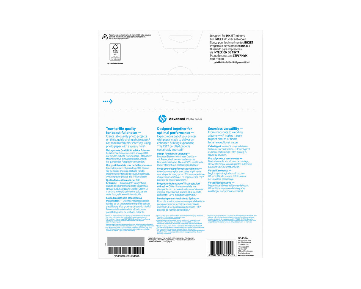 HP Advanced-fotopapir, blankt, 250 g/m2, A4 (210 x 297 mm), 25 ark