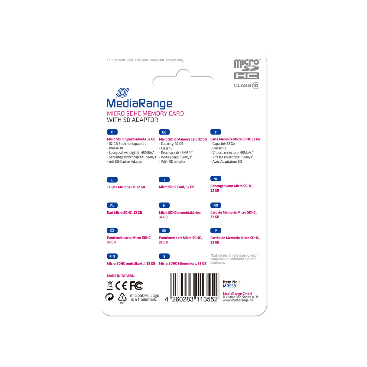 MediaRange 32GB microSDHC Klasse 10
