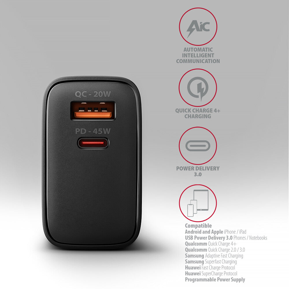 Axagon ACU-PQ45 QC 3.0, 4.0/AFC/FCP/PPS/PD, 45W, schwarz - Netzladegerät mit USB-A und USB-C Schnittstelle Mobiltelefon, Smartphone, SmartWatch, Tablet, Universel Sort Vekselstrøm Hurtig opladning Indendørs