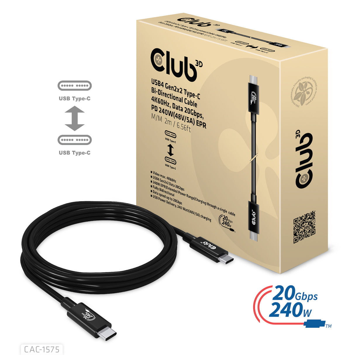 CLUB3D CAC-1575 USB-kabel USB4 Gen 2x2 2 m USB C 20 Gbit/sek. 240 W Sort