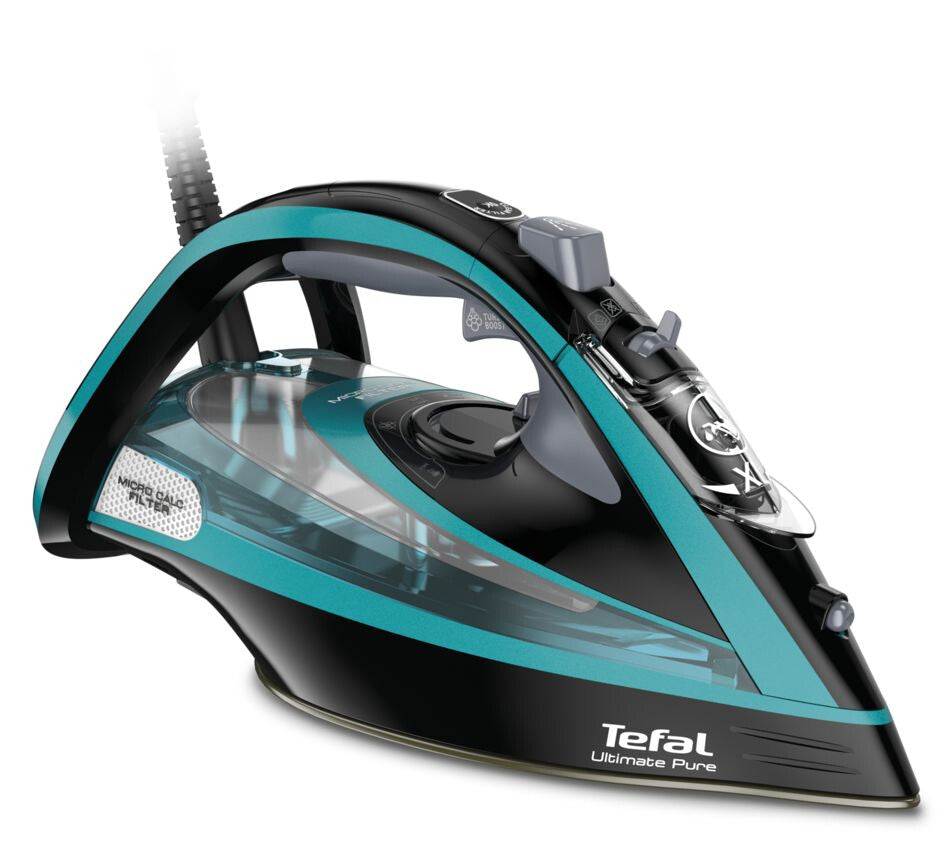 Tefal Ultimate Pure FV9844 Tør & dampstrygejern Durilium autoclean strygesål 3200 W Sort, Blå