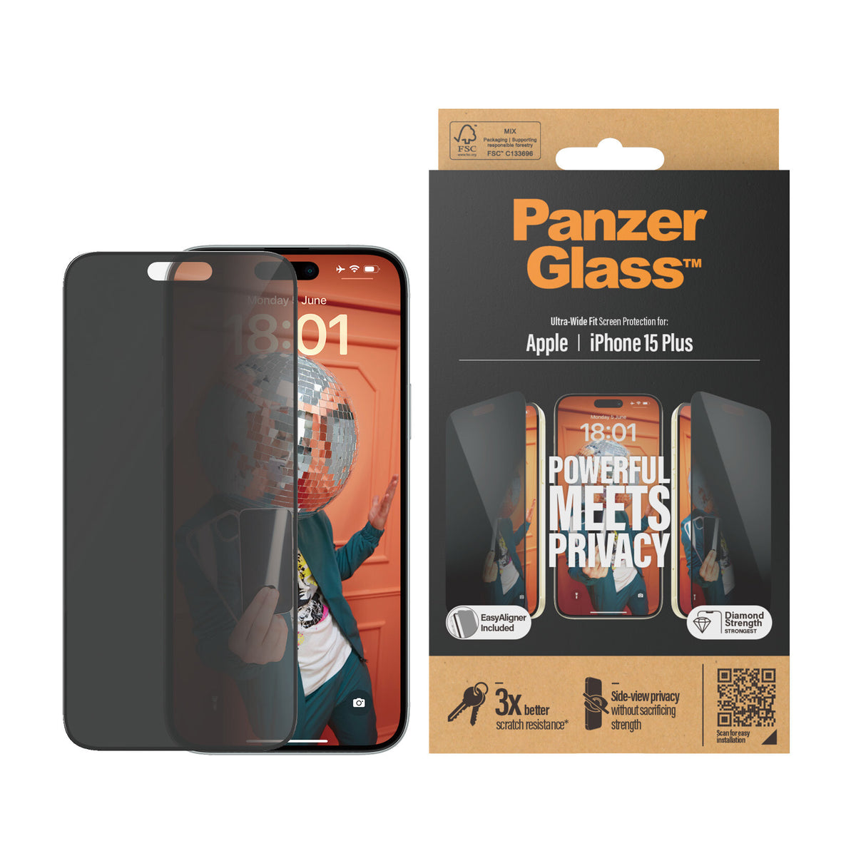 PanzerGlass ® Privacy Skærmbeskyttelse iPhone 15 Plus | Ultra-Wide Fit m. EasyAligner