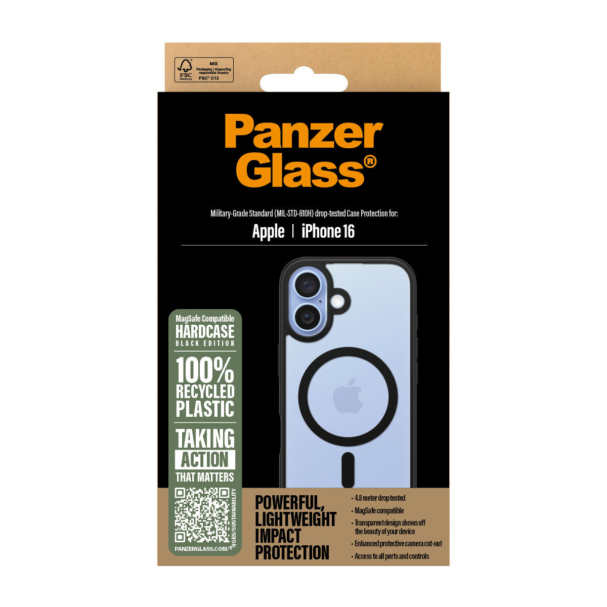 PanzerGlass ® HardCase Transparent m. Sort MagSafe & Ramme iPhone 16