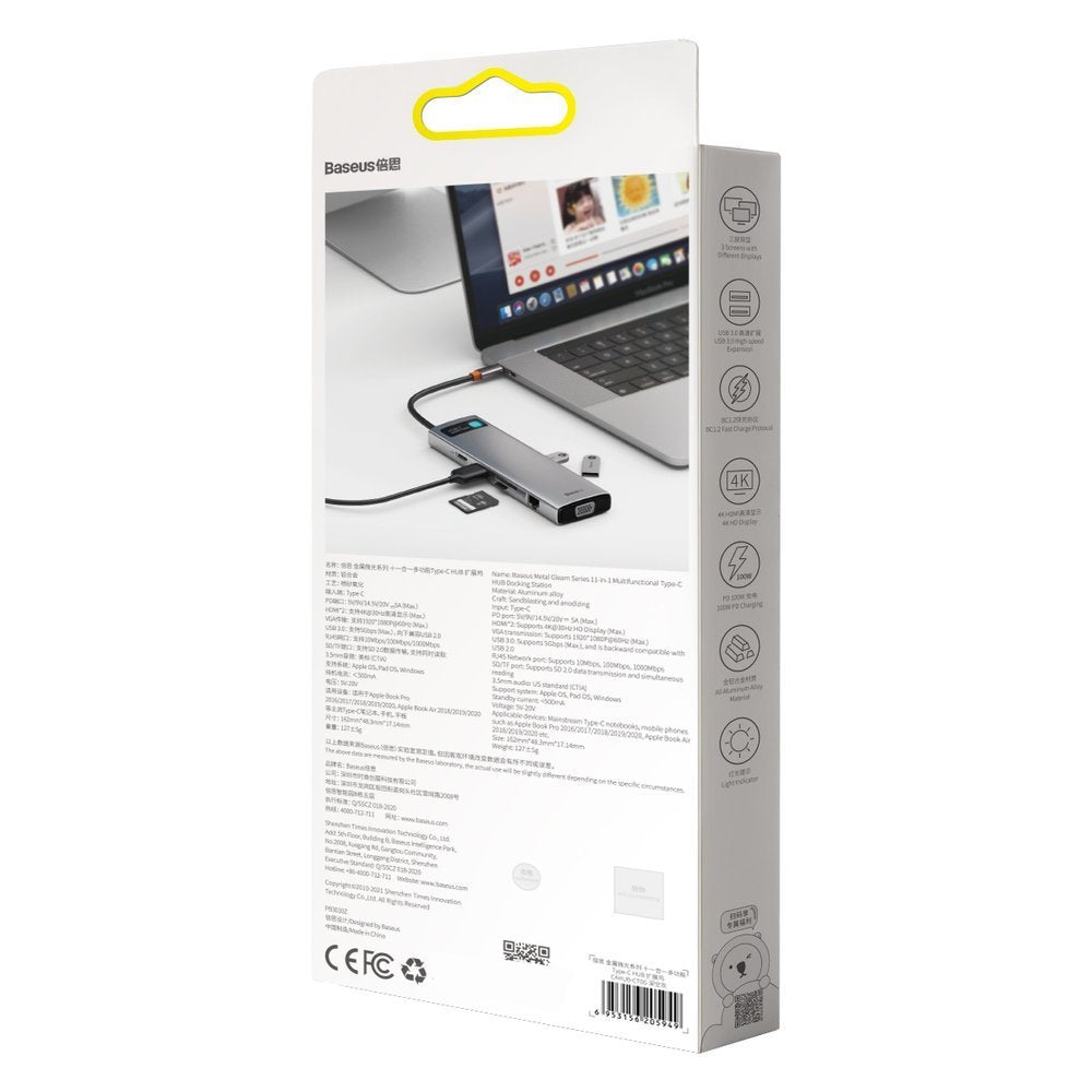 Baseus Metal Gleam 11in1 multifunctional USB Type C HUB - 3x USB 3.2 Gen 1 5Gbps / USB Type C PD 100W / 3.5 mm mini jack AUX / VGA Full HD 60Hz / 2x HDMI 4K 30Hz / TF and SD card reader / RJ45 1Gbps gray (CAHUB-CT0G)