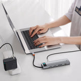 Baseus Metal Gleam 11in1 multifunctional USB Type C HUB - 3x USB 3.2 Gen 1 5Gbps / USB Type C PD 100W / 3.5 mm mini jack AUX / VGA Full HD 60Hz / 2x HDMI 4K 30Hz / TF and SD card reader / RJ45 1Gbps gray (CAHUB-CT0G)