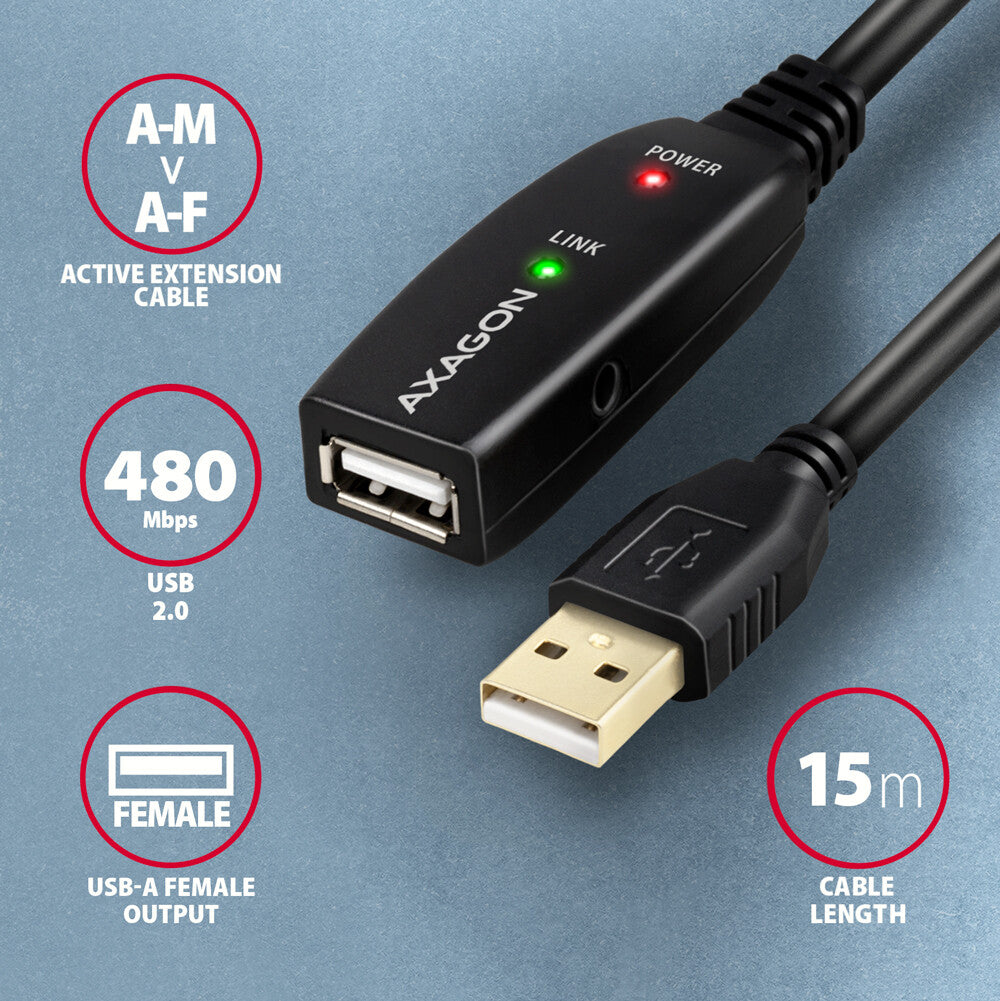Axagon ADR-215 USB 2.0 A-M -> A-F active extension/repeater cable 15m - Kabel - Digital/Daten USB-kabel USB A 0,48 Gbit/sek. Sort