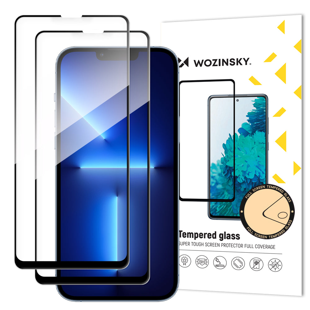 Wozinsky Set of 2x Super Durable Full Glue Tempered Glass for the Entire Screen with Frame Case Friendly iPhone 16e, iPhone 14, iPhone 13 Pro / iPhone 13 Black