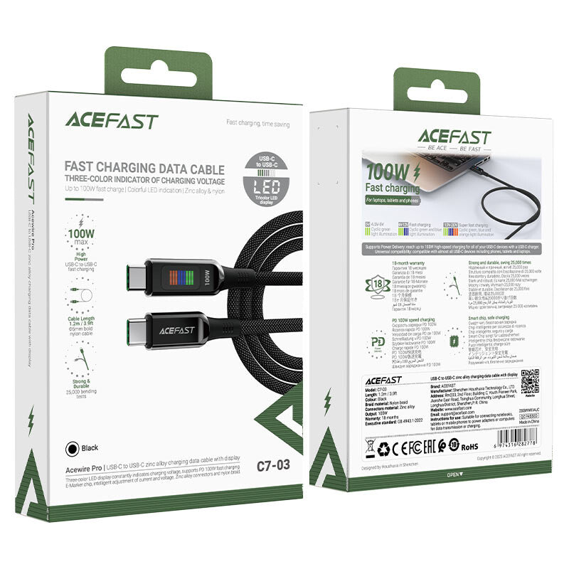 ACEFAST C7-03 USB-kabel 1,2 m USB C 100 W Sort