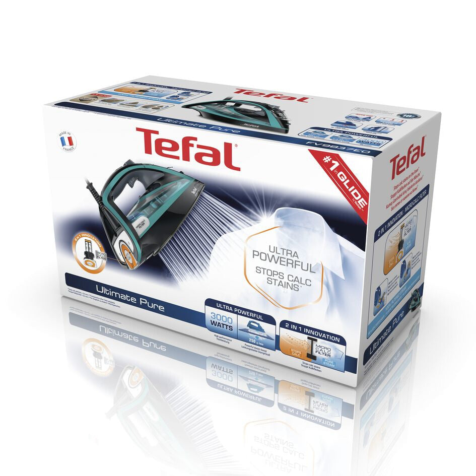 Tefal Ultimate Pure FV9844 Tør & dampstrygejern Durilium autoclean strygesål 3200 W Sort, Blå
