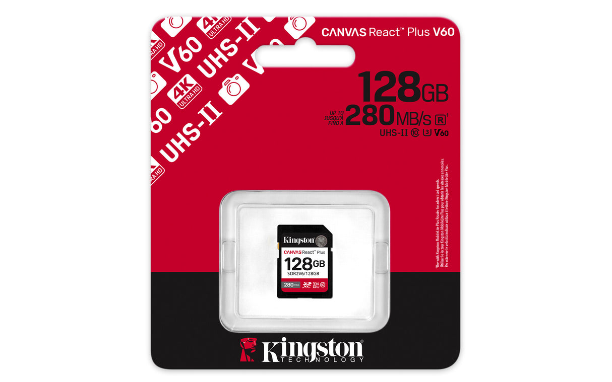 Kingston Technology 128 GB Canvas React Plus SDXC UHS-II 280R/100W U3 V60 til fuld HD/4K