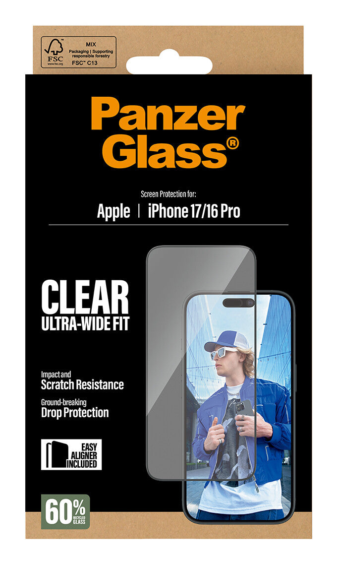 PanzerGlass ® Skærmbeskyttelse iPhone 17 | iPhone 16 Pro | Ultra-Wide Fit m. EasyAligner