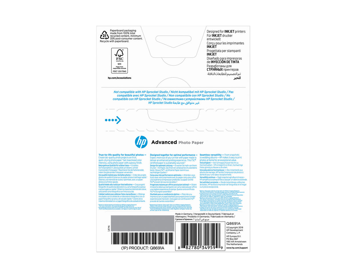 HP Advanced-fotopapir, blankt, 250 g/m2, 10 x 15 cm (101 x 152 mm), 25 ark