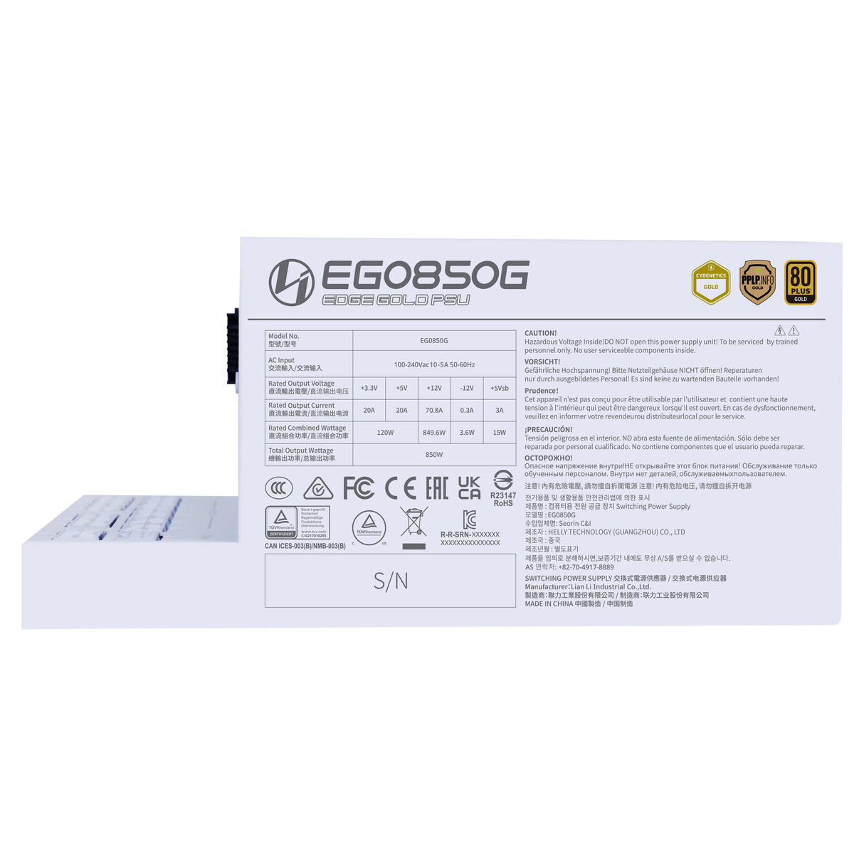 Lian Li EG0850G enhed til strømforsyning 850 W 20+4 pin ATX ATX Hvid